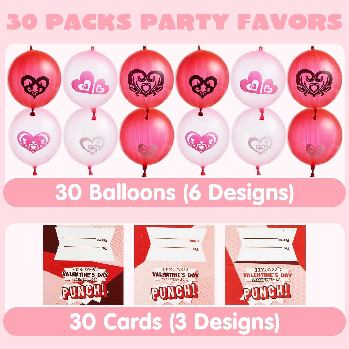 30 Valentines Day Cards w/ Punch Ball Balloon, Classroom Exchange Party Favors