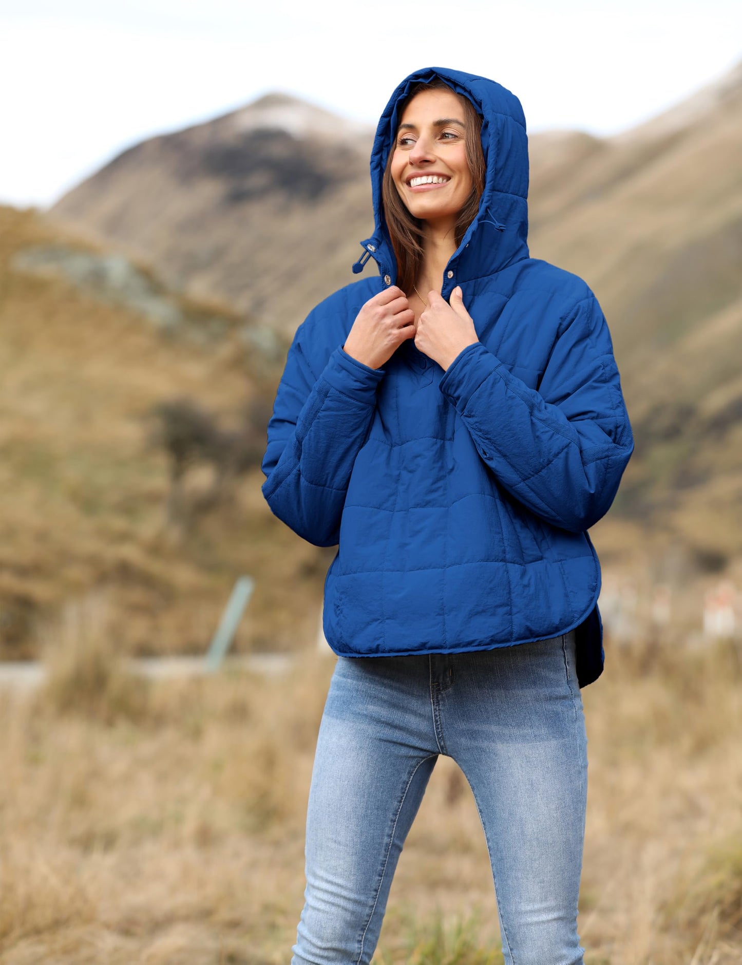 Women's Oversized Hooded Puffer Quilted Lightweight Winter Warm Pullover, Blue, LARGE