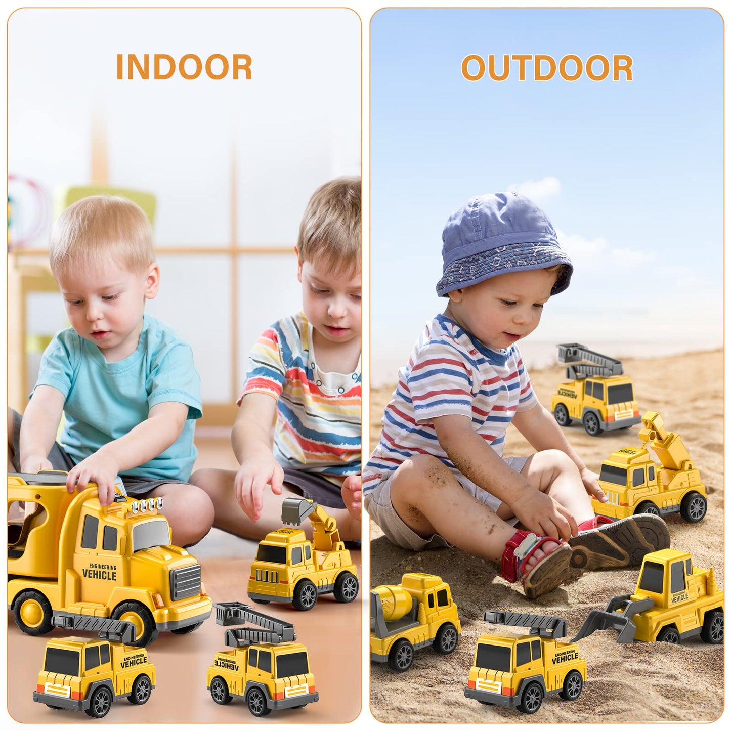 Construction Truck Toys Cars for Toddlers 3-6, 7-in-1 Friction Power Vehicle