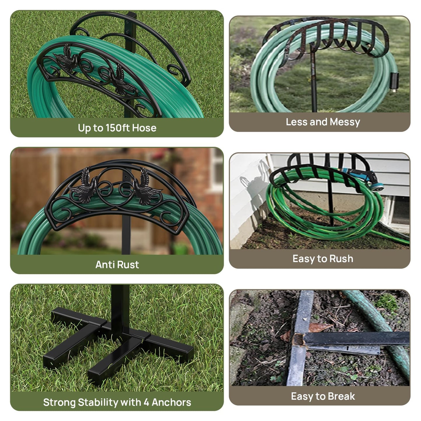 Garden Hose Holder, Heavy Duty Metal Freestanding Hose Stand - Black