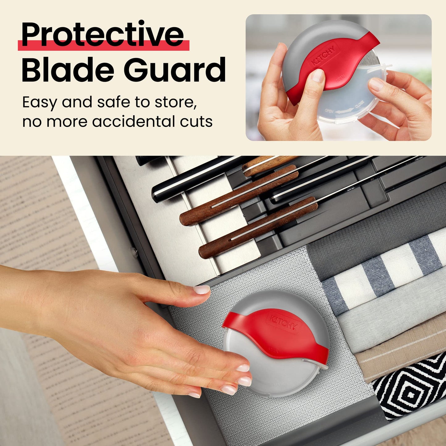 Kitchy Pizza Cutter Wheel w/ Protective Blade Cover, Ergonomic Pizza Slicer, Red