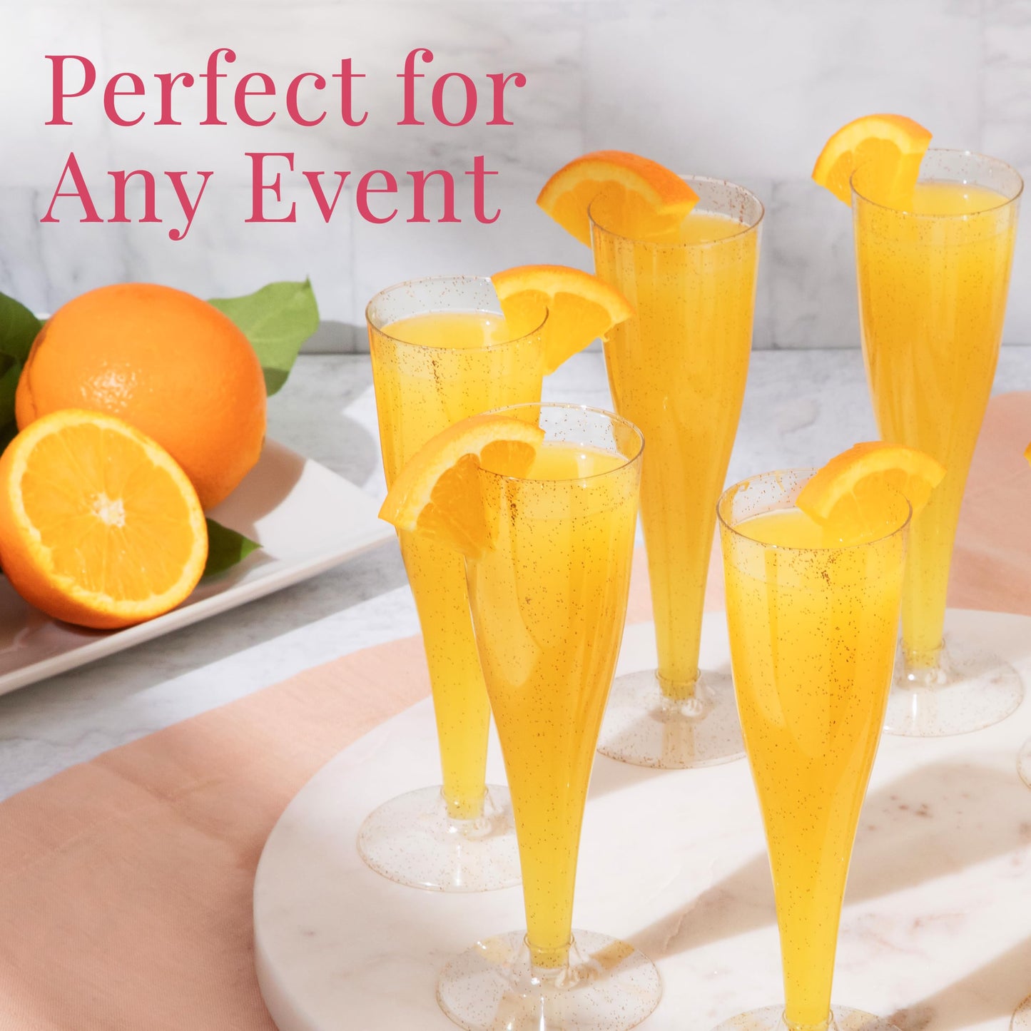 48 Champagne Flutes Plastic, Disposable Mimosa Party Cups, Gold Glitter, NYE