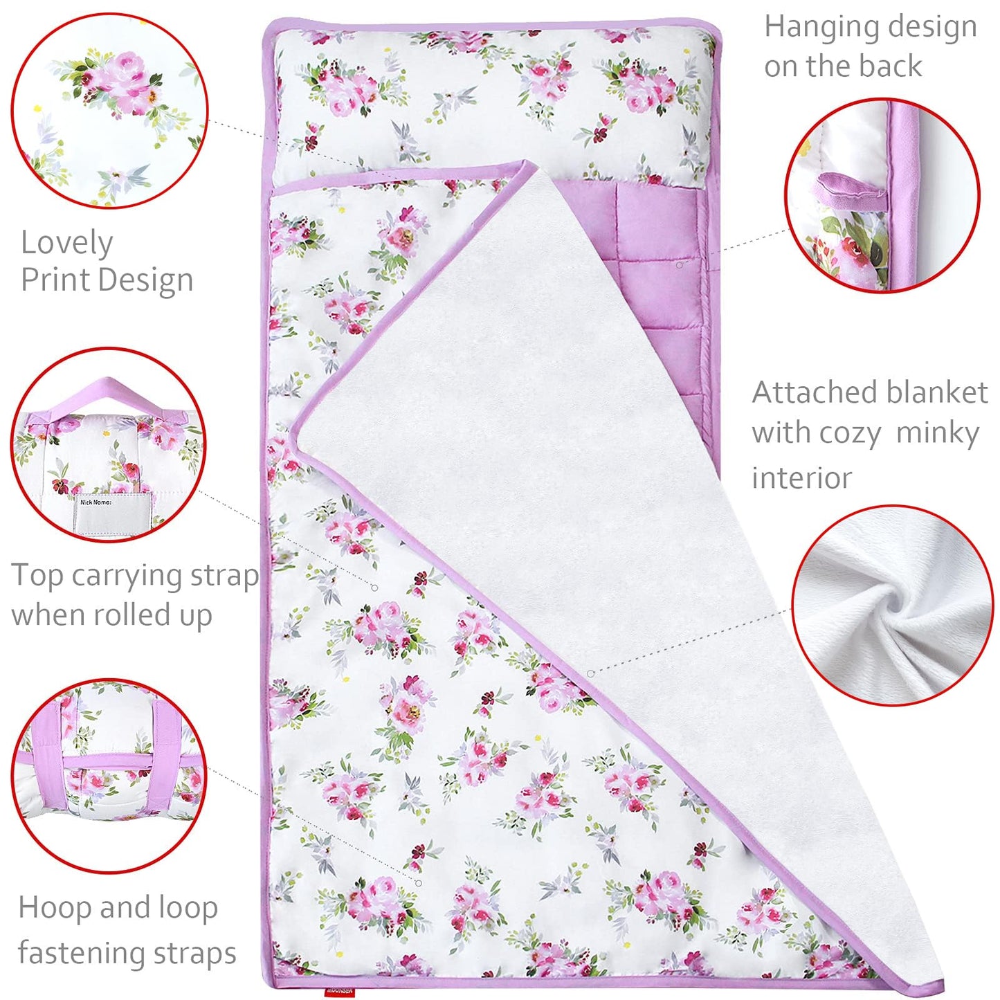 Toddler Nap Mat for Girls Floral with Pillow and Fleece Blanket, Lightweight