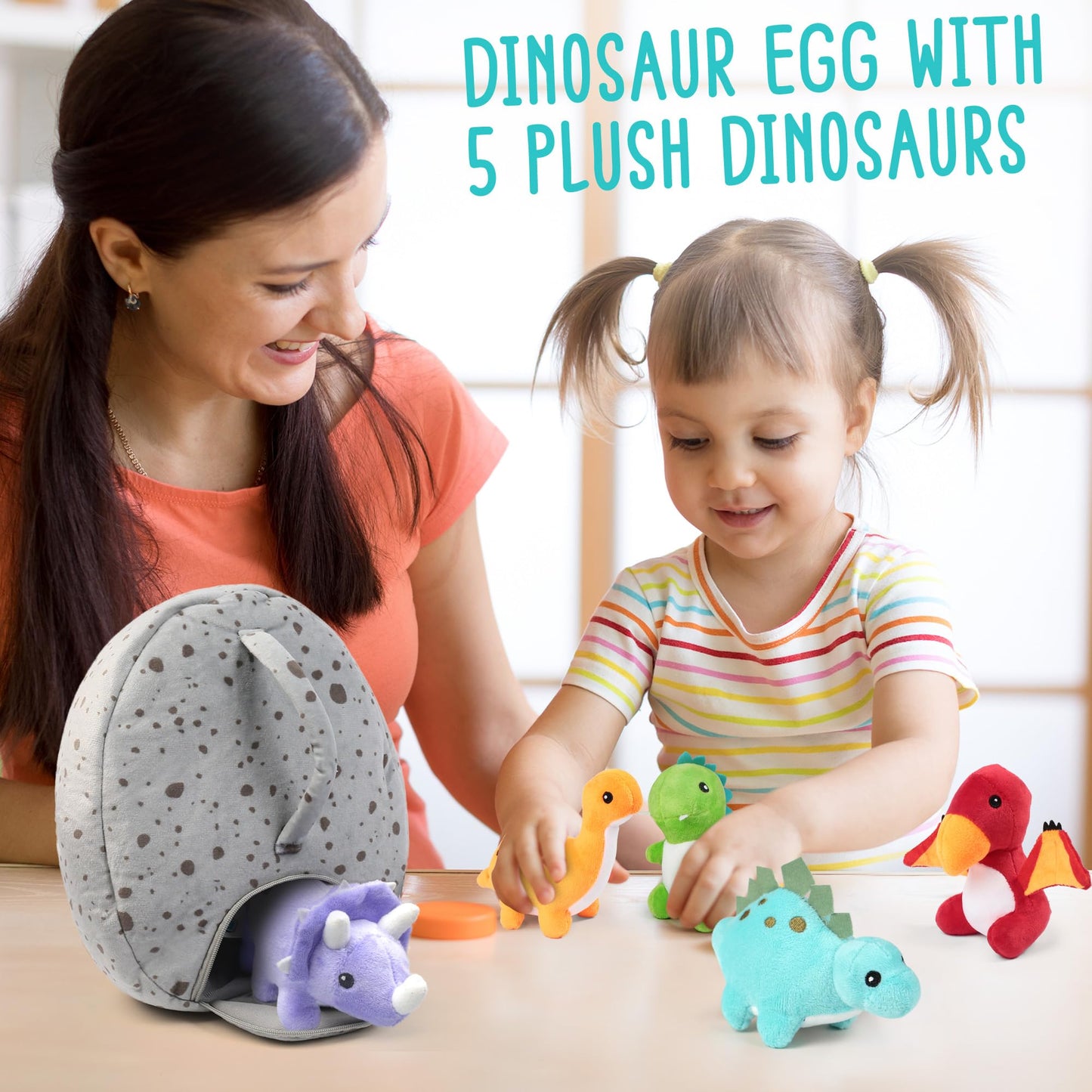 Dinosaur Stuffed Animals, 5 Small Dinosaur Plush Dolls and Egg Bag Toys Set