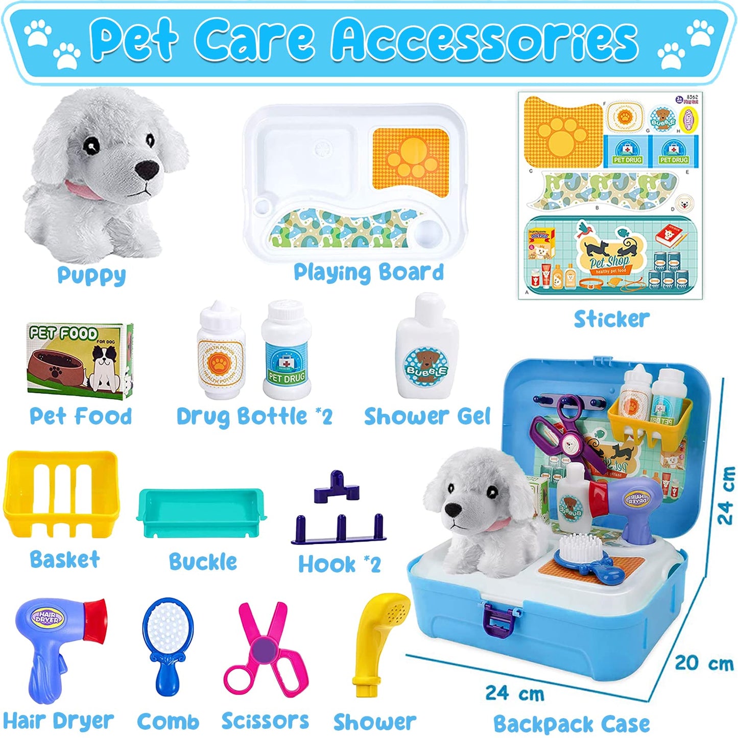 Pet Dog Care Play Set Doctor Kit for Kids 16 Pcs Pretend Vet Grooming Toys