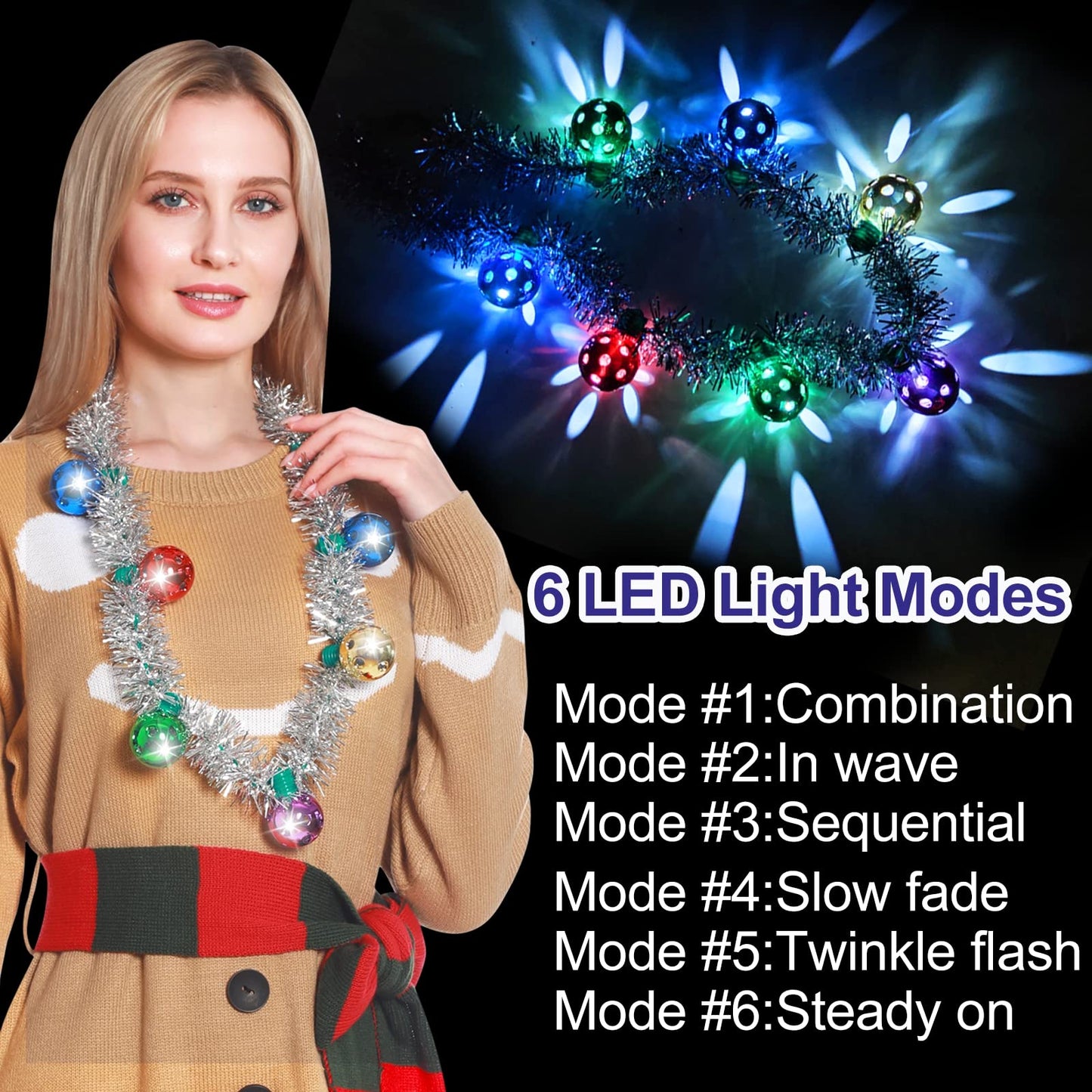 Set of 3 Christmas Necklaces, Tinsel, Garland, Stars & Lights, Party Favors