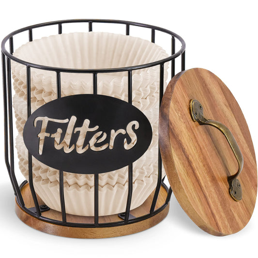Rustic Coffee Filter Holder with Lid, Acacia Coffee Filter Holder Storage Conta