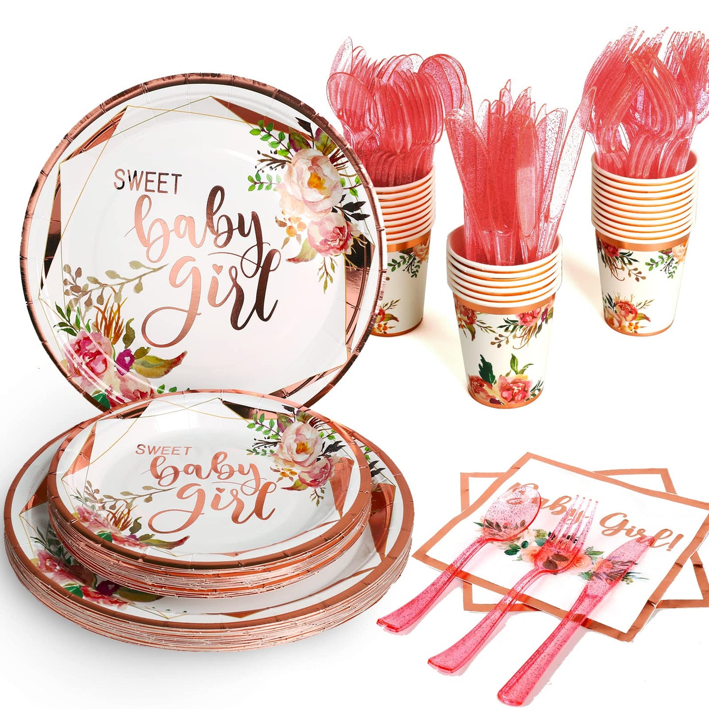 Baby Shower Disposable Dinnerware for Girl - 175PCS Set 25 Guest Rose Gold