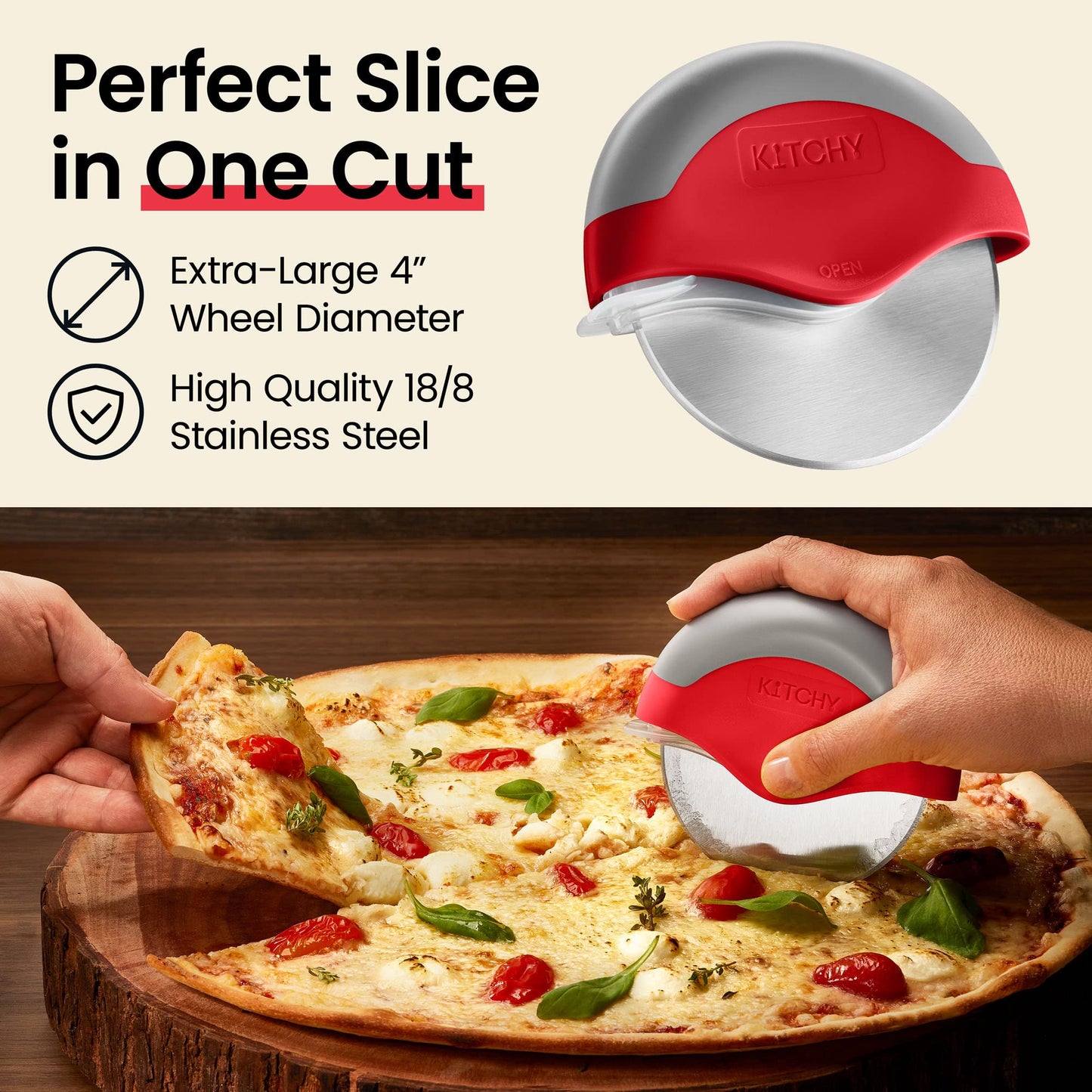 Kitchy Pizza Cutter Wheel w/ Protective Blade Cover, Ergonomic Pizza Slicer, Red