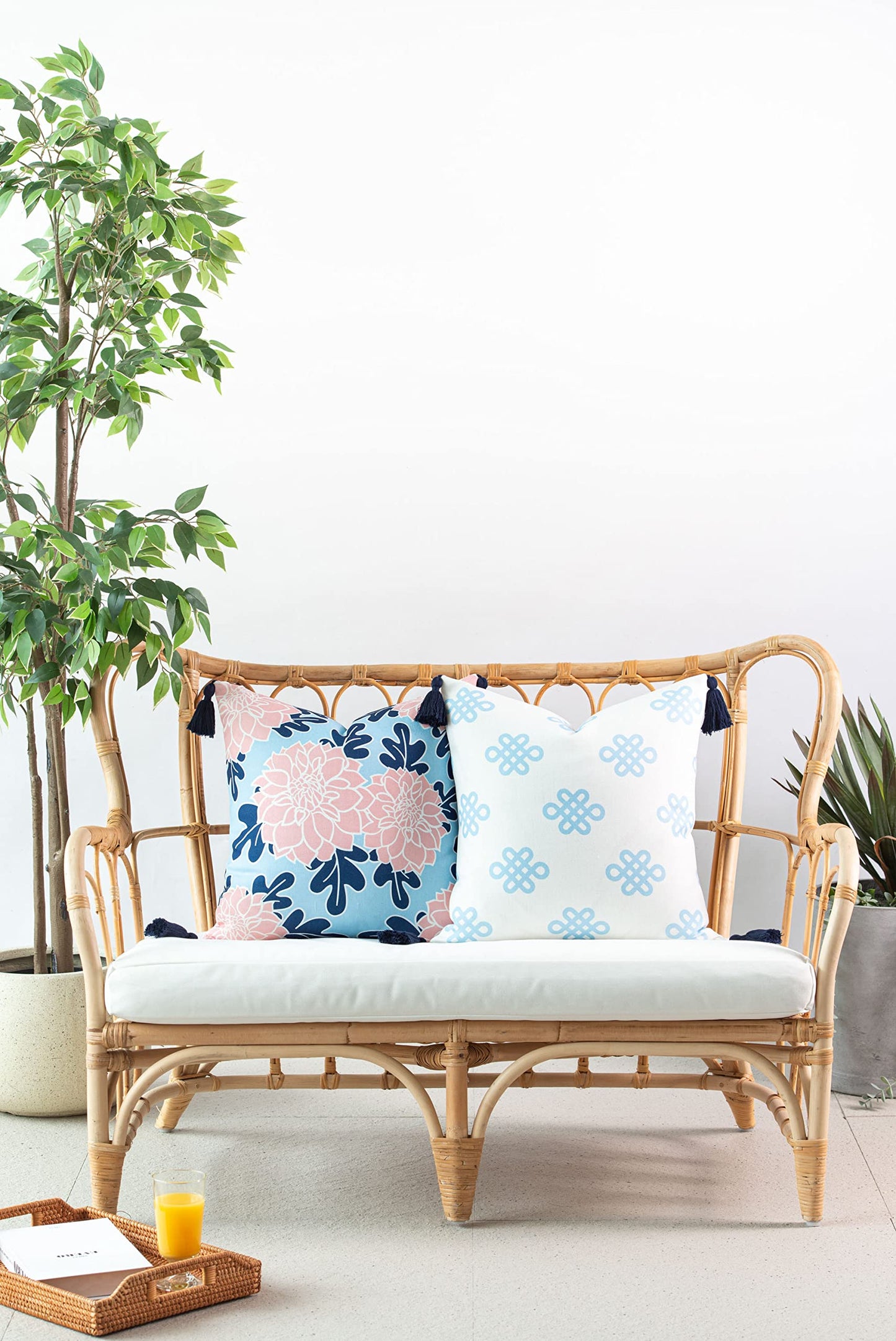 Coastal Patio Indoor Outdoor Pillow Cover ONLYBlue Greek Key Knot Tassel,18"x18"