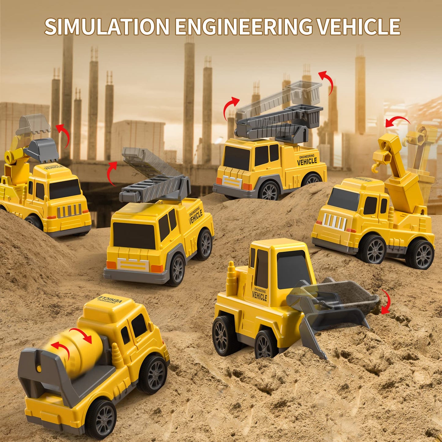 Construction Truck Toys Cars for Toddlers 3-6, 7-in-1 Friction Power Vehicle