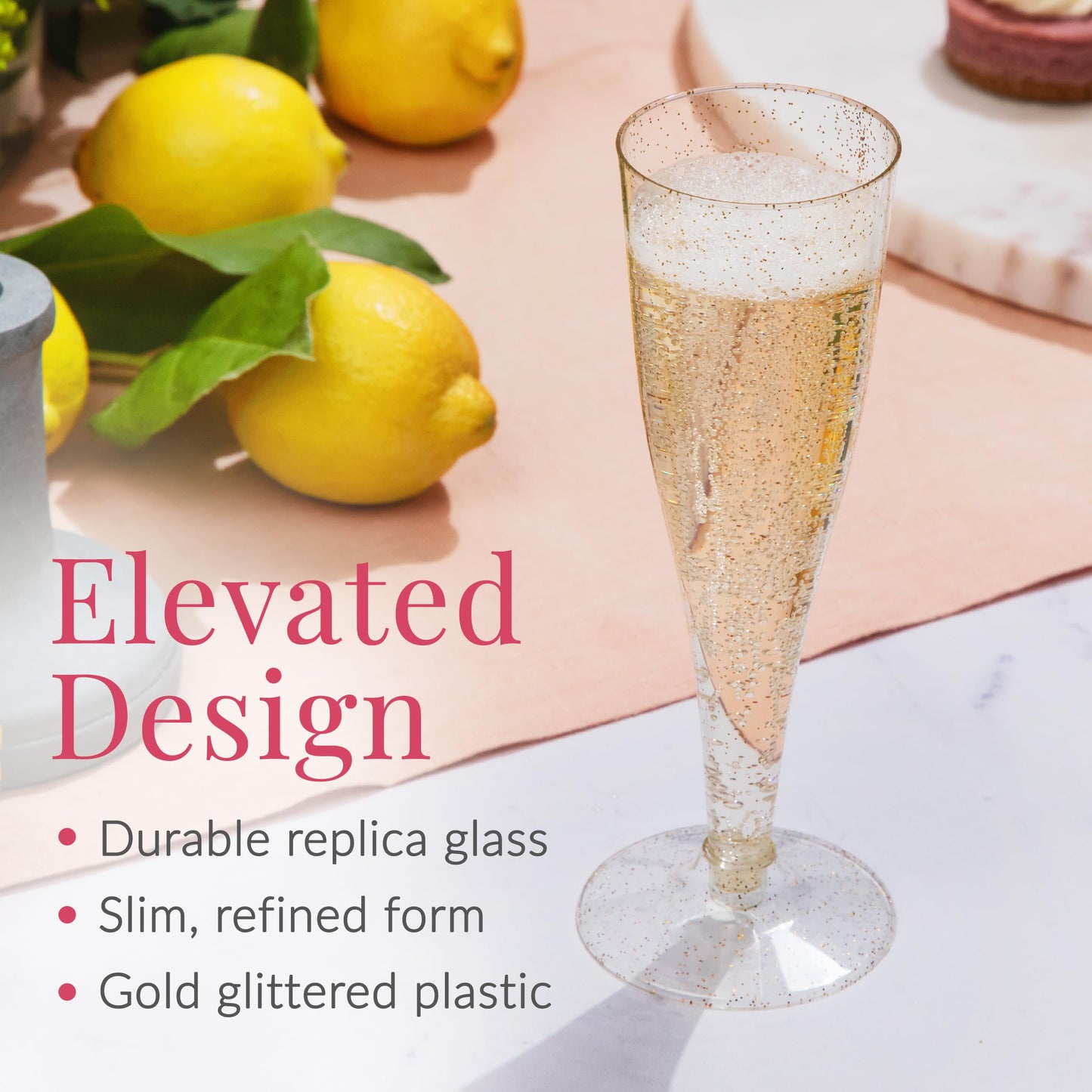48 Champagne Flutes Plastic, Disposable Mimosa Party Cups, Gold Glitter, NYE