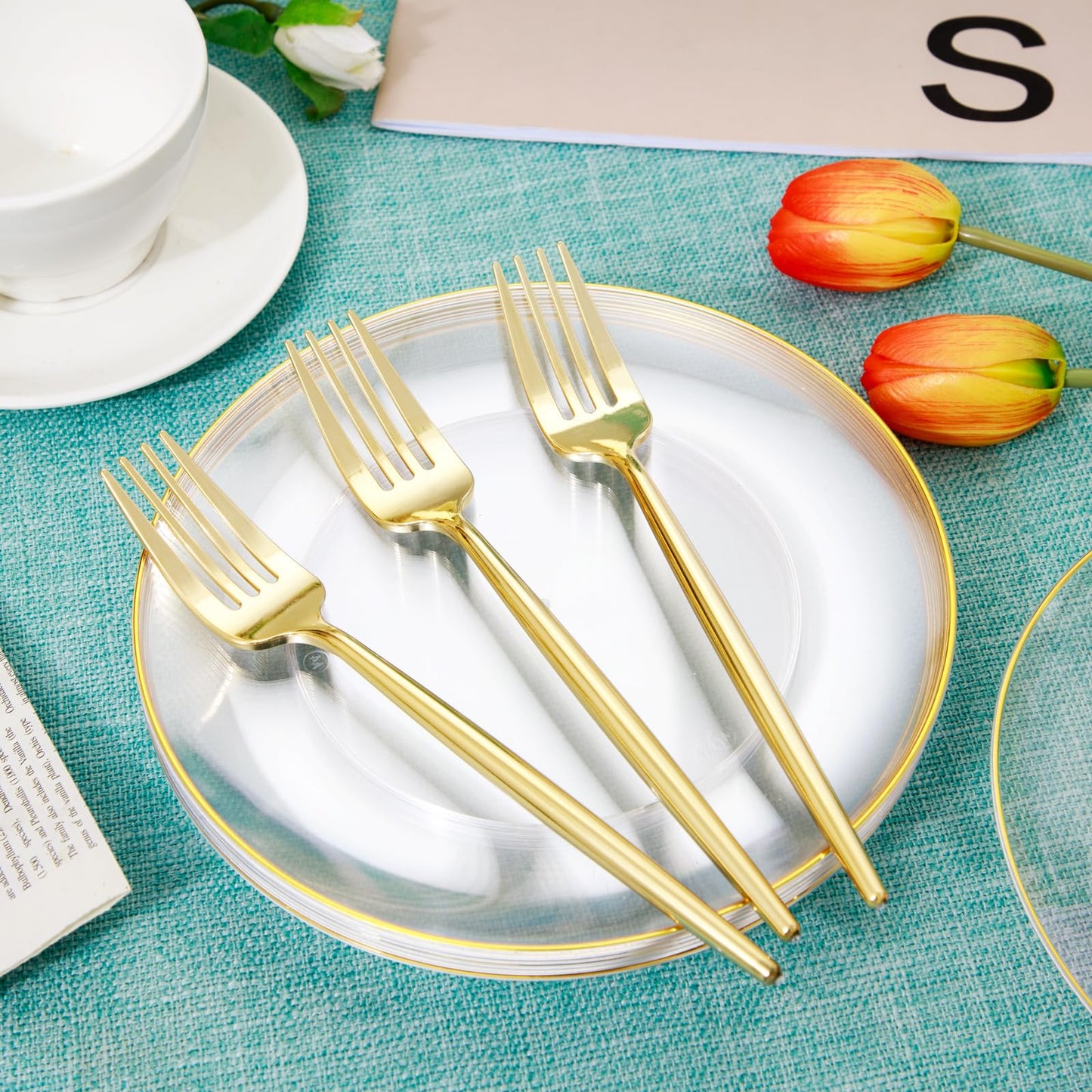 100 Clear Gold Dessert Plates with Plastic Gold Forks Cake Plates Disposable for Wedding