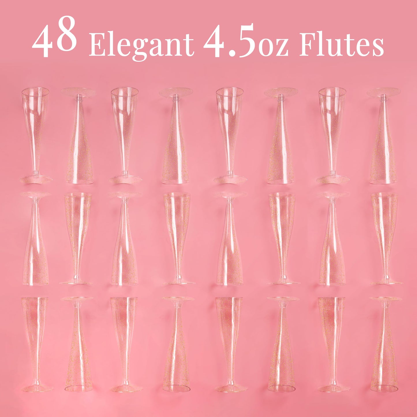 48 Champagne Flutes Plastic, Disposable Mimosa Party Cups, Gold Glitter, NYE