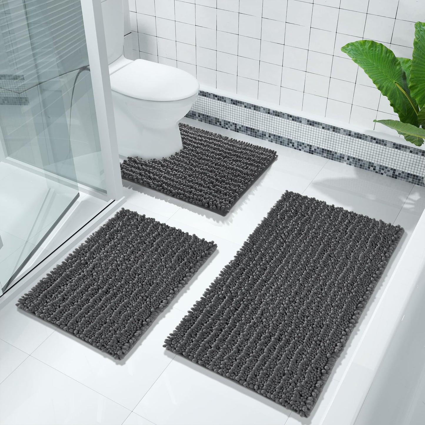Luxury Chenille Bath Mat, 55"x24", Soft Shaggy and Comfortable, Dark Gray