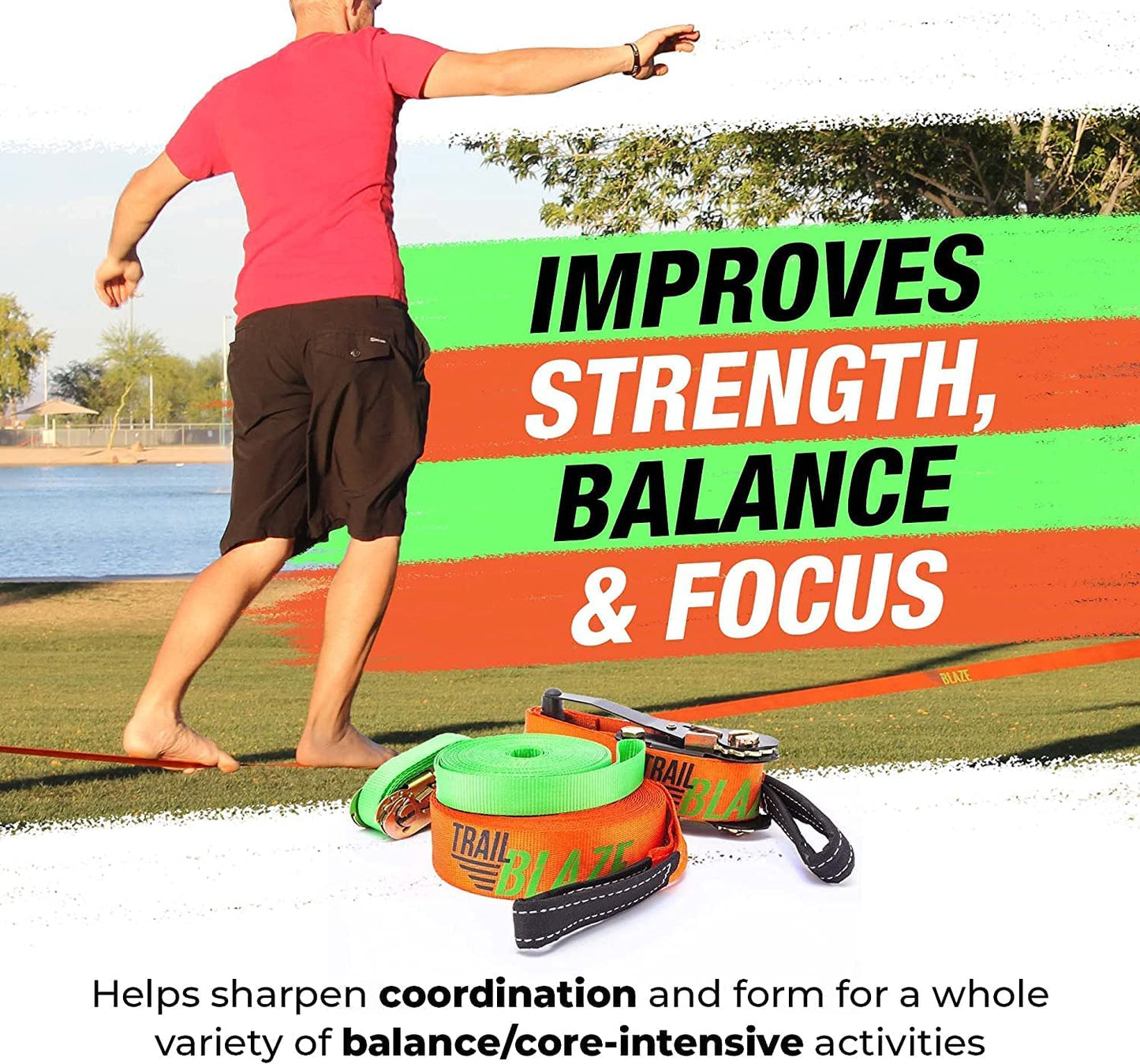 Complete Slackline Kit 60ft - Wider Tree Protectors Slack Lines for Backyard