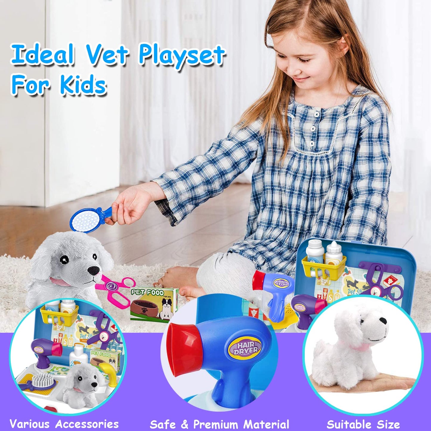 Pet Dog Care Play Set Doctor Kit for Kids 16 Pcs Pretend Vet Grooming Toys