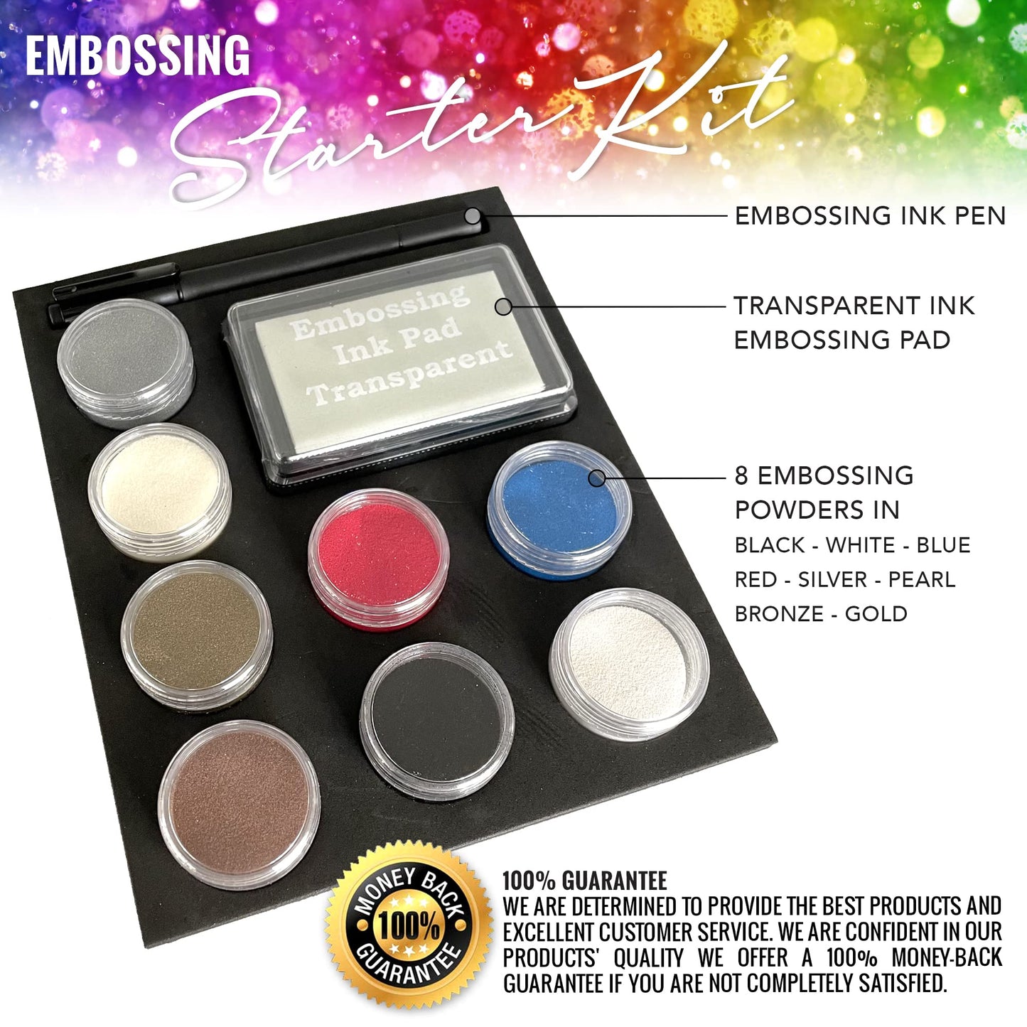 Embossing Kit, Powder, Clear Embossing Pen, Embossing Ink Pad, 8X 10ml