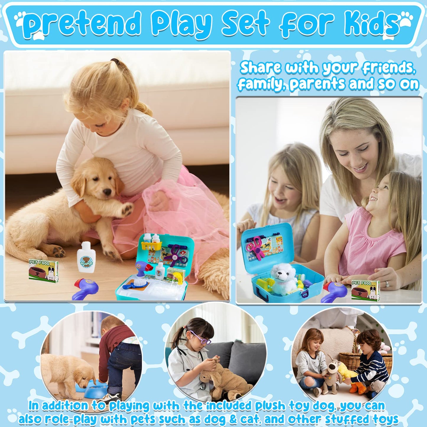 Pet Dog Care Play Set Doctor Kit for Kids 16 Pcs Pretend Vet Grooming Toys