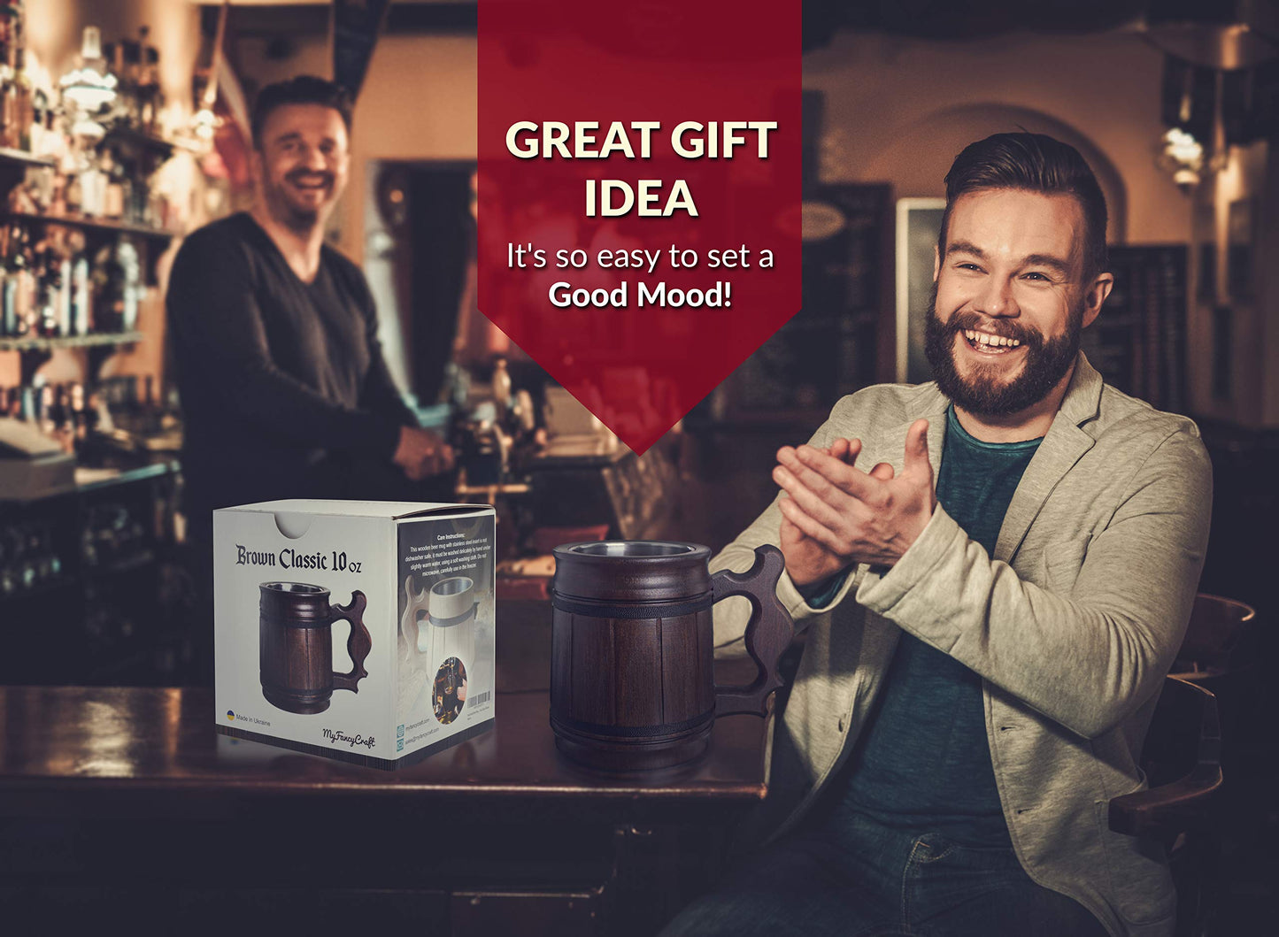 Handmade Beer Mug Oak Wood Stainless Steel Cup Box Natural 10oz Classic Brown