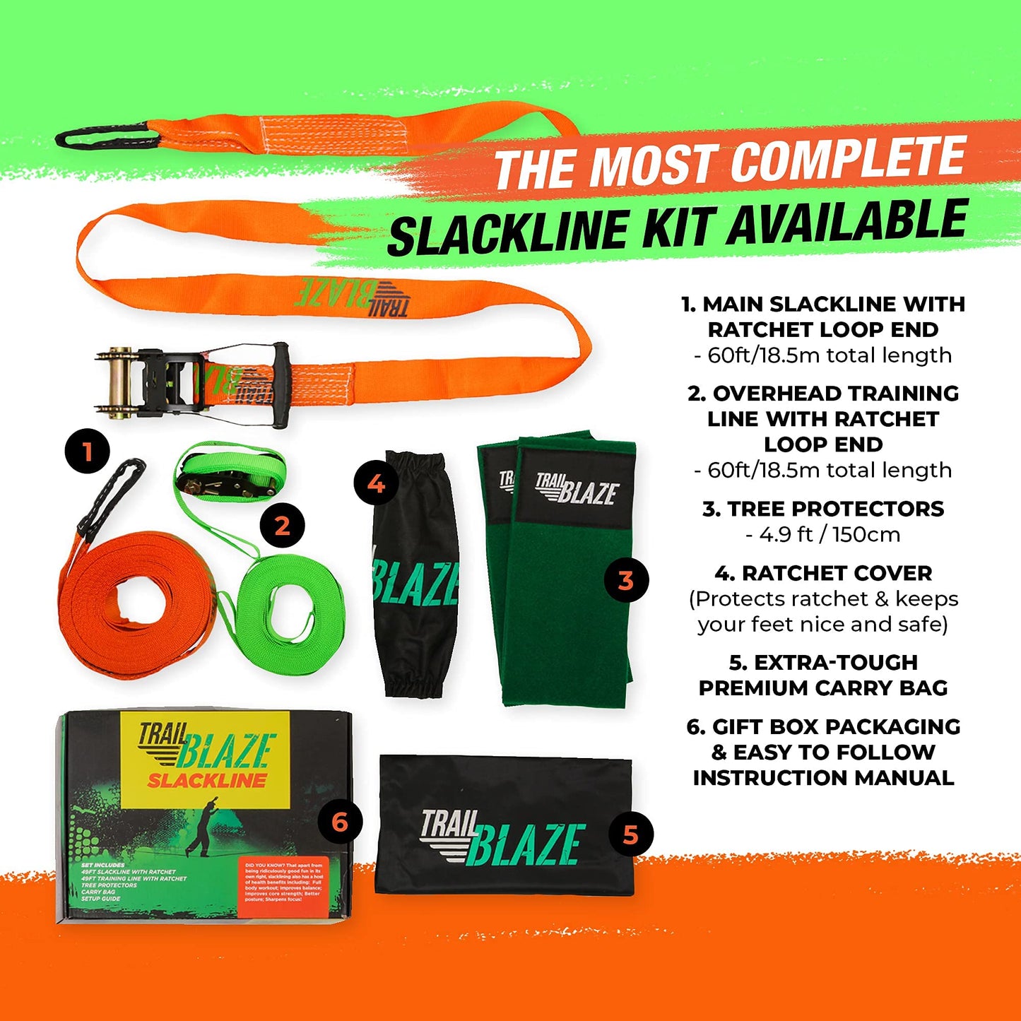 Complete Slackline Kit 60ft - Wider Tree Protectors Slack Lines for Backyard