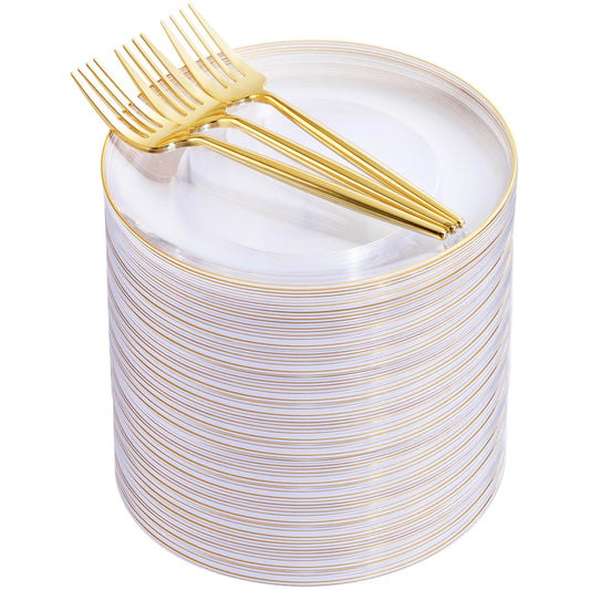 100 Clear Gold Dessert Plates with Plastic Gold Forks Cake Plates Disposable for Wedding