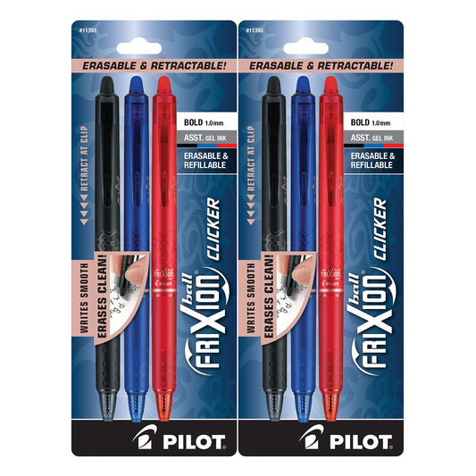 2 Packs Pilot Frixion Clicker Erasable Pens 3-Pack Black, Blue, Red 1.0mm #11393