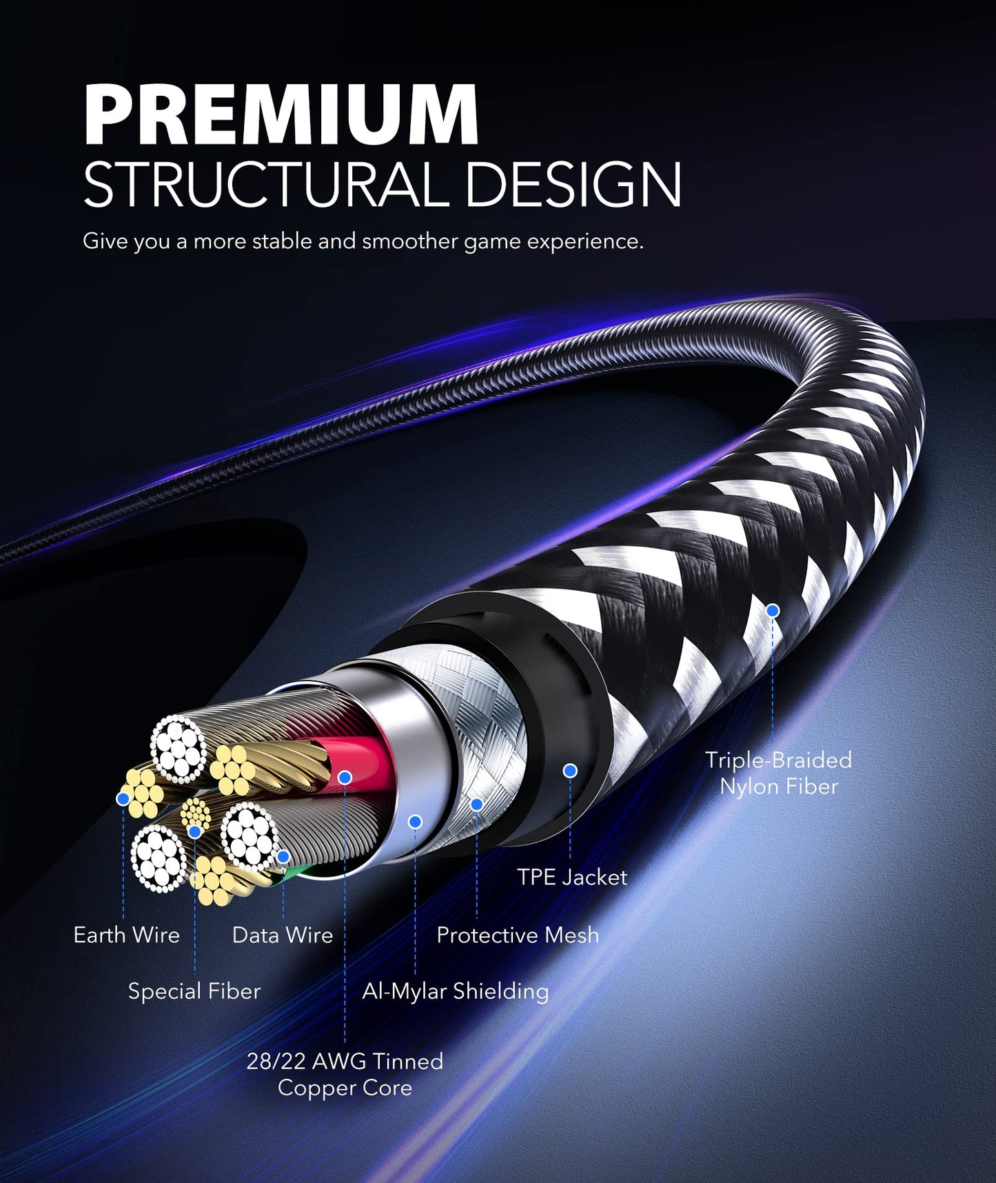 4 CABLES - PS4 Controller Charger Charging Cable 10ft Nylon Braided Micro USB