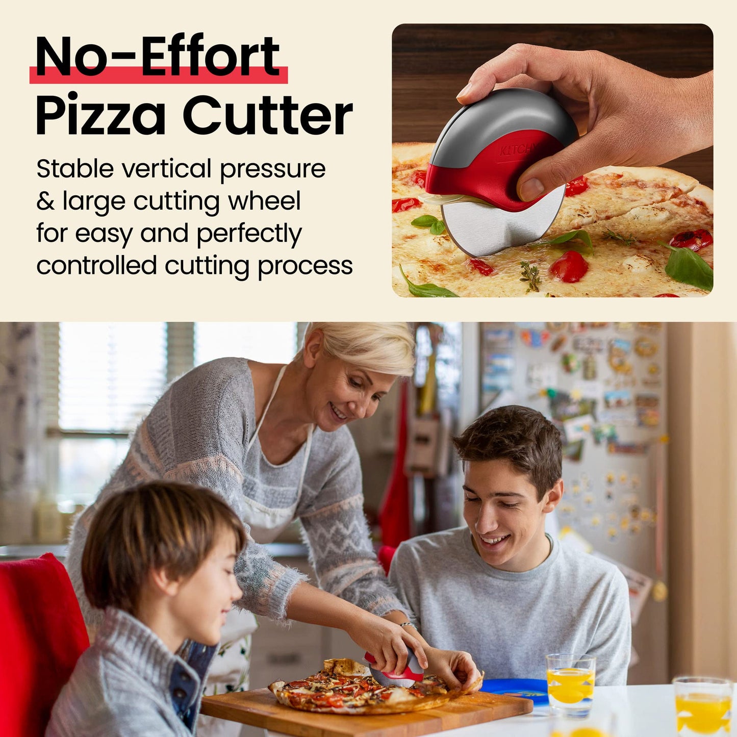 Kitchy Pizza Cutter Wheel w/ Protective Blade Cover, Ergonomic Pizza Slicer, Red