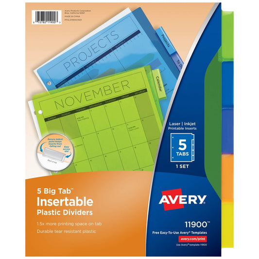 Avery Dividers for 3 Ring Binders, 5-Tab, Plastic, Insertable, 24 Sets (11900)