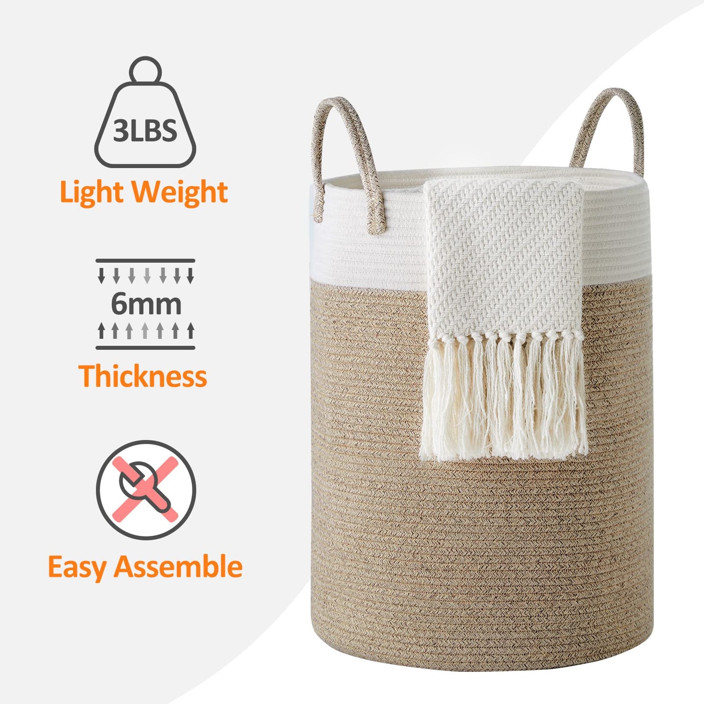 Cotton Rope Laundry Hamper by YOUDENOVA, 58L - Woven Collapsible Laundry Basket