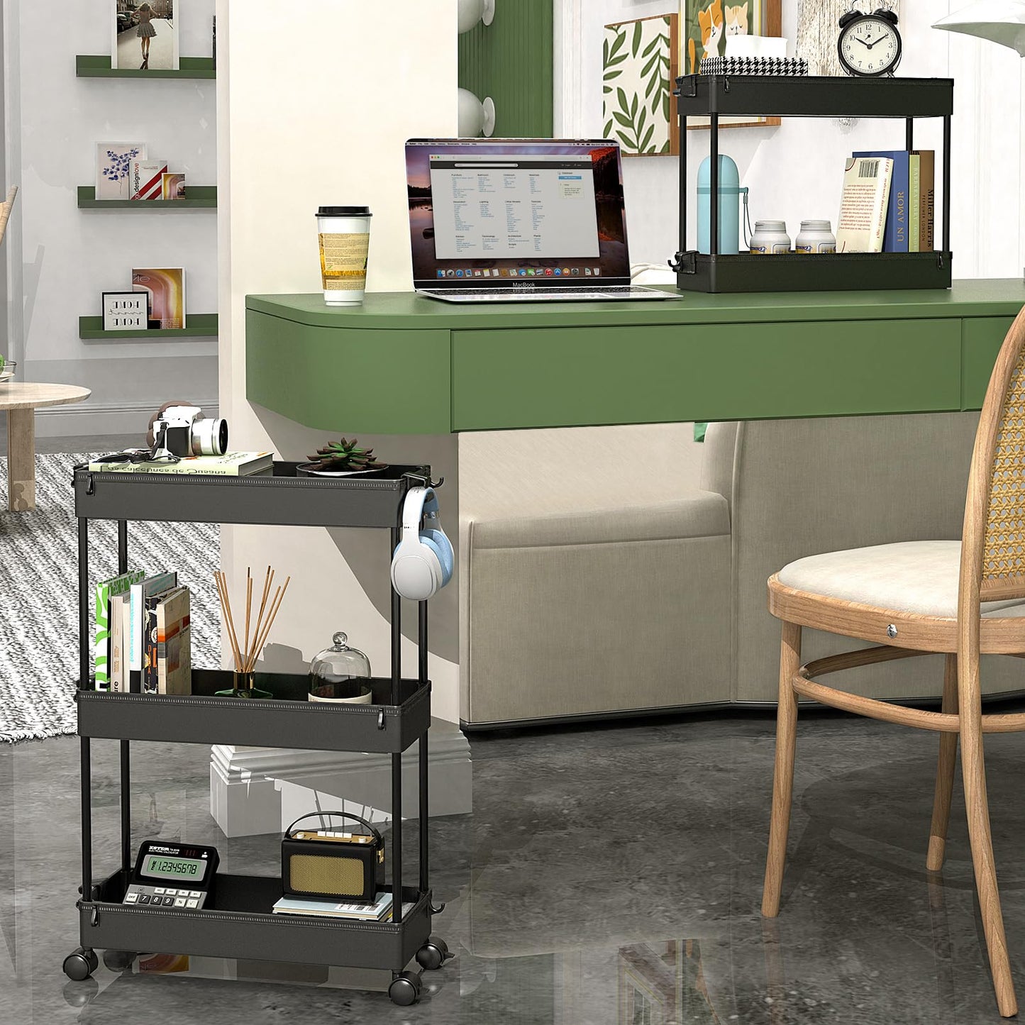 SPACEKEEPER Slim Rolling Storage Cart, 3 Tier Utility Cart Mobile , Black