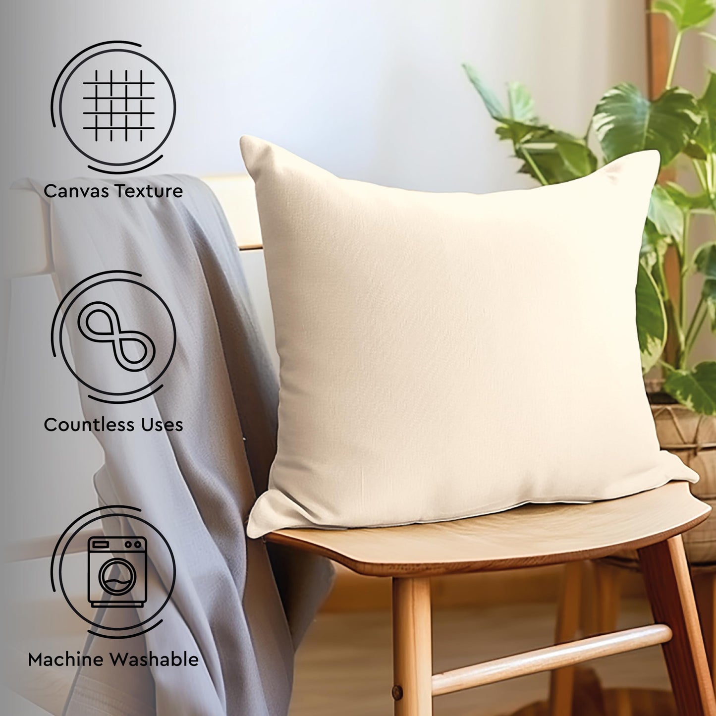 Canvas Throw Pillow Covers Pack of 4 Natural 18"x18" No Insert with Hidden Zippe
