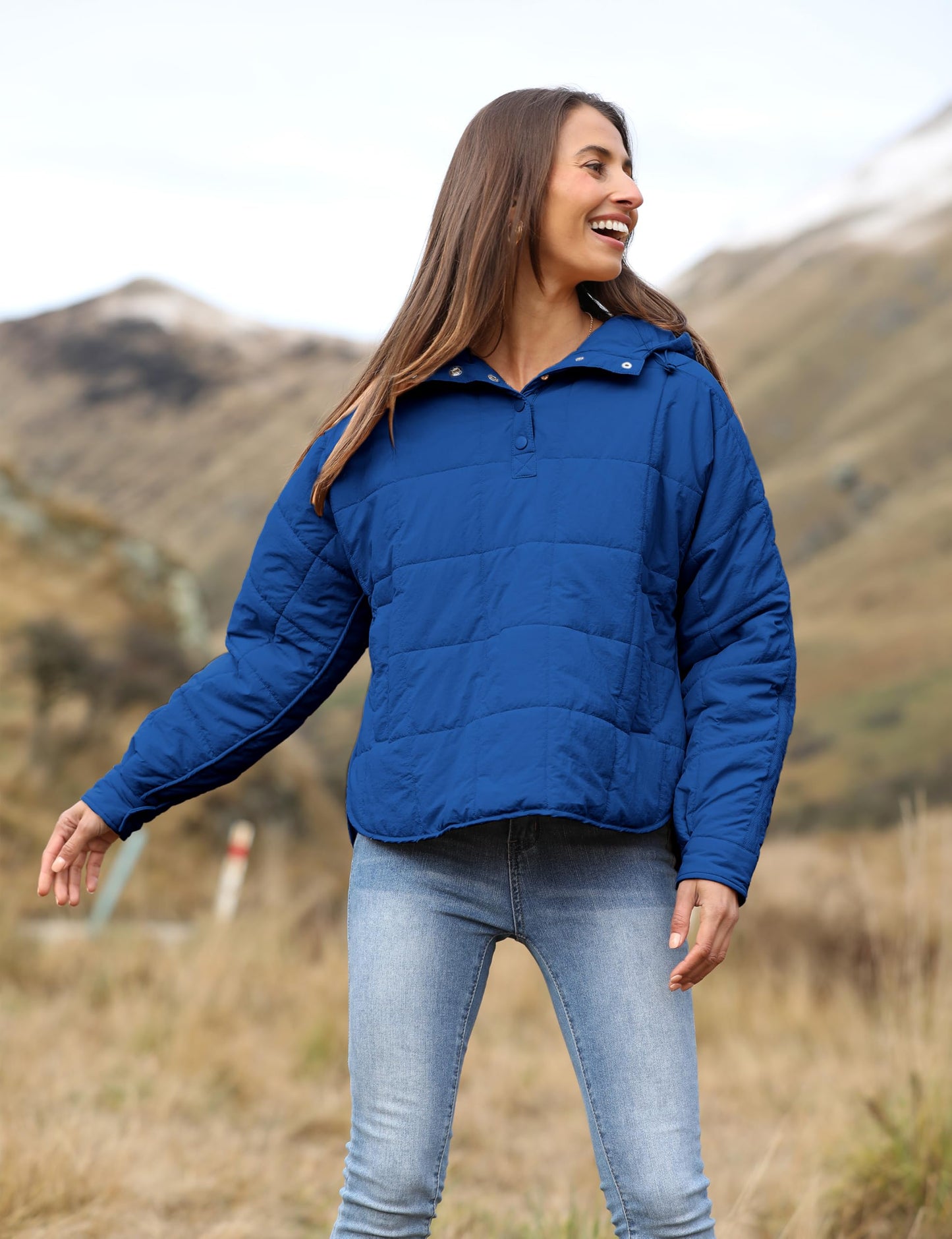 Women's Oversized Hooded Puffer Quilted Lightweight Winter Warm Pullover, Blue, LARGE