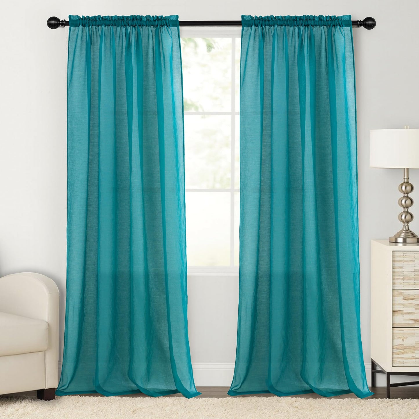 Semi Sheer Window Treatment Light Weight Slub Rod Pocket34"x95"Turquoise,2Panels