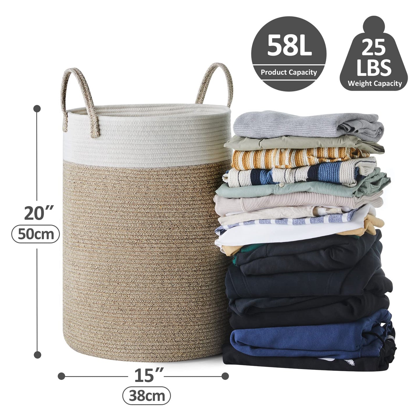 Cotton Rope Laundry Hamper by YOUDENOVA, 58L - Woven Collapsible Laundry Basket