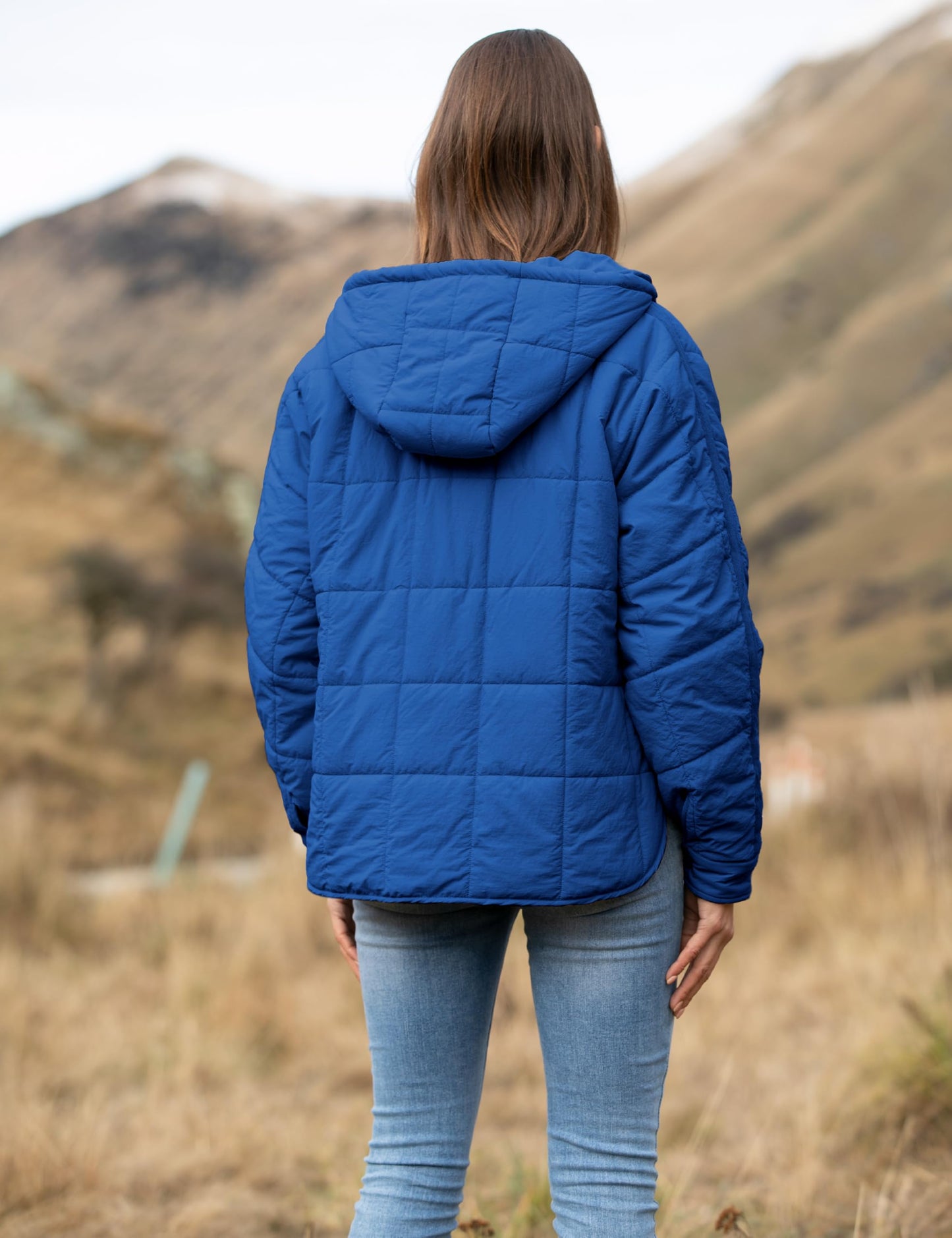 Women's Oversized Hooded Puffer Quilted Lightweight Winter Warm Pullover, Blue, LARGE