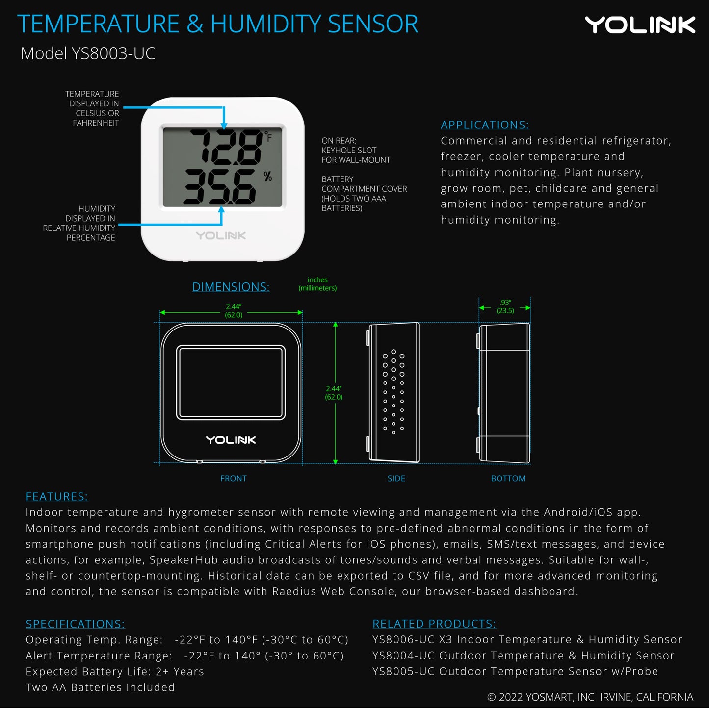 Smart Wireless Temperature/Humidity Sensor Wide Range for Freezer Fridge Monitor