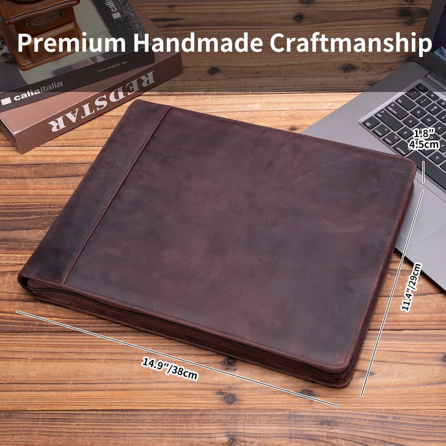 Genuine Leather 7 Ring Check Binder,Business Checkbook Holder 9 x 13” Dark Brown