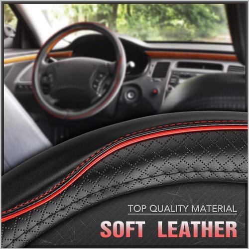 Universal Fit Steering Wheel Cover Protector, Synthetic Leather, 15in, Black/Red