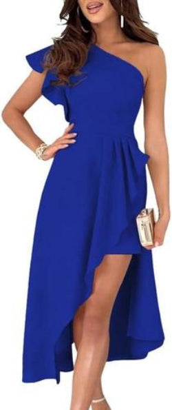 One Shoulder Sleeveless Ruffle Empire Waist Asymmetrical High-Low Midi Dresses M