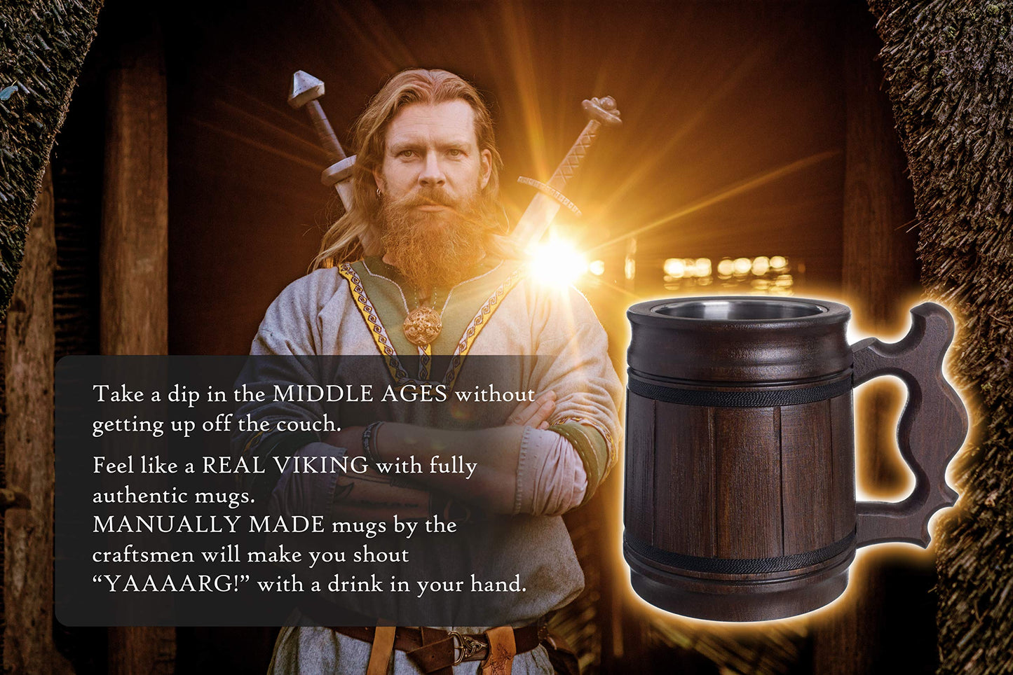 Handmade Beer Mug Oak Wood Stainless Steel Cup Box Natural 10oz Classic Brown