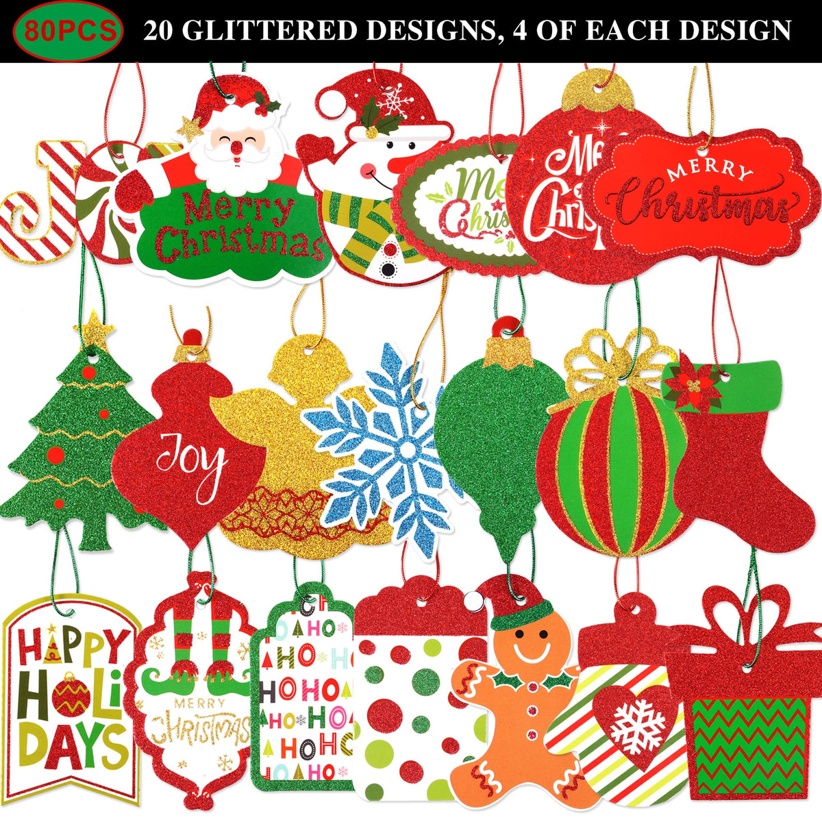 80 Pcs Large Christmas Gift Tags with Strings, 20 Designs, Glitter - view 4 of 9