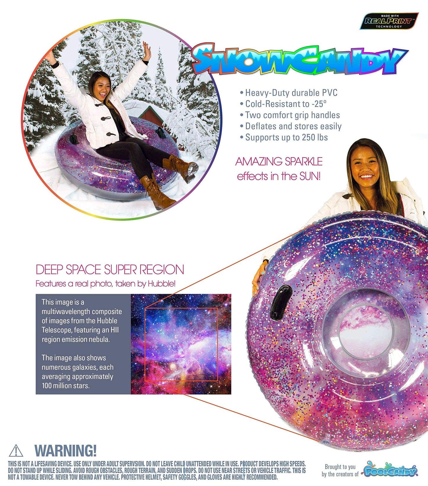 Winter fun Inflatable Glitter Filled Pink Galactic Snow Tube. Jumbo 48 inch