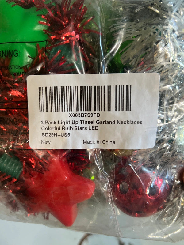 Set of 3 Christmas Tinsel Garland Necklaces, Stars and Lights