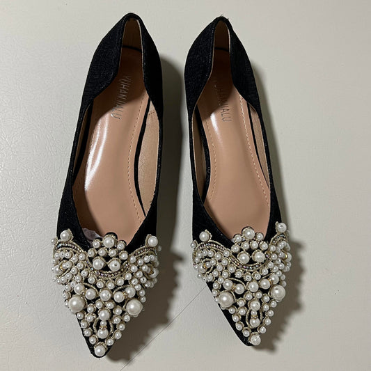 Women's Black Flats with Pearl and Bead Embellishments