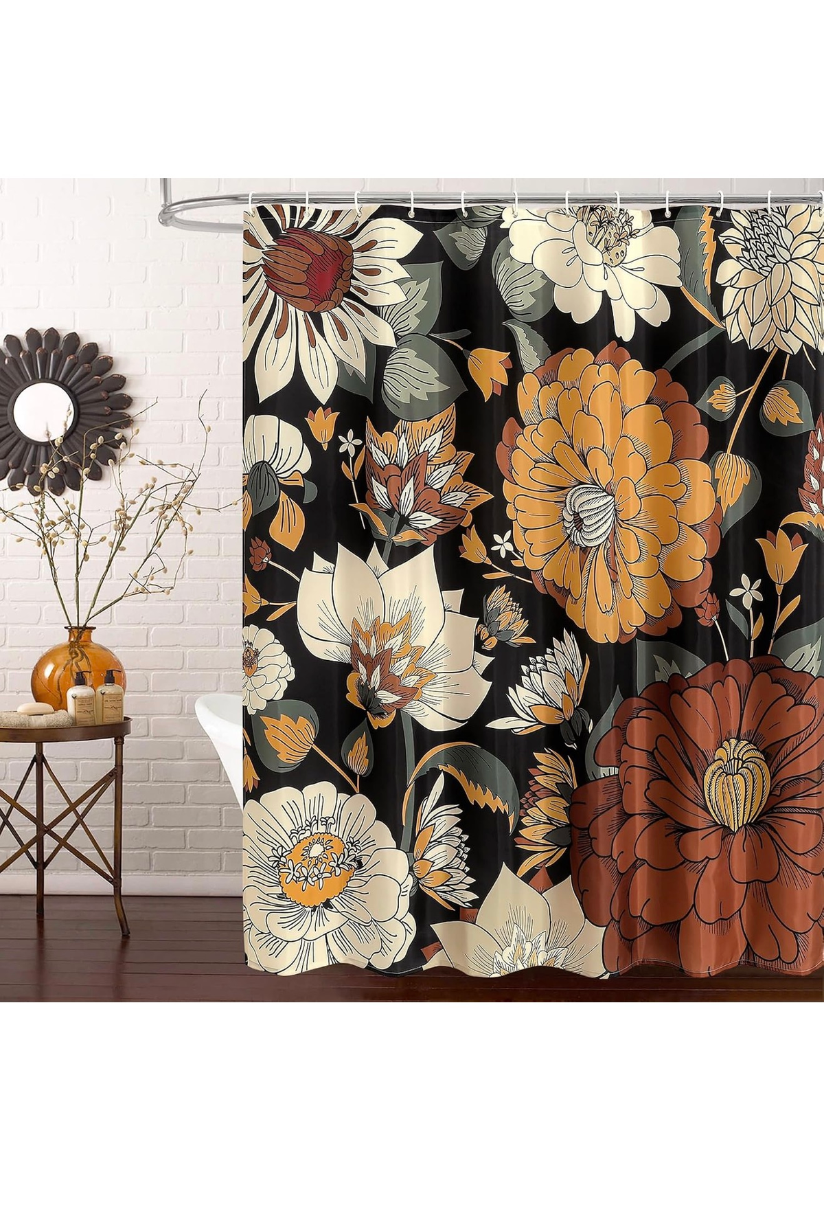 Fabric Shower Curtain 72x72 Boho Floral Black Cream Rust Botanical