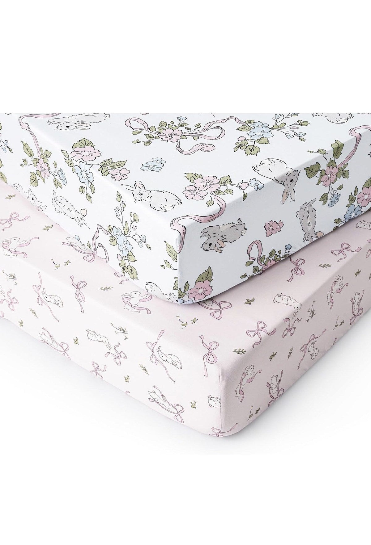 Baby Crib Sheets 2 Pack Fitted Standard Crib Rabbit and Floral Pink Cream