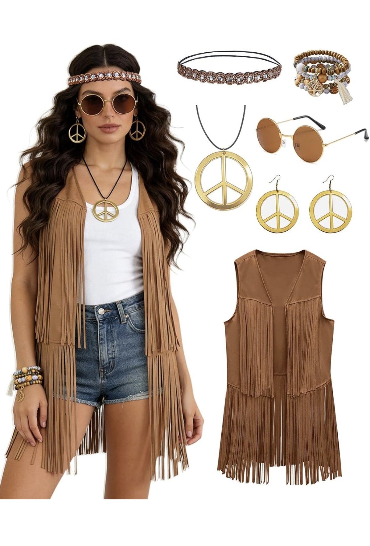 60s 70s Hippie Costume 6 Piece Set Fringe Vest and Accessories Brown Large