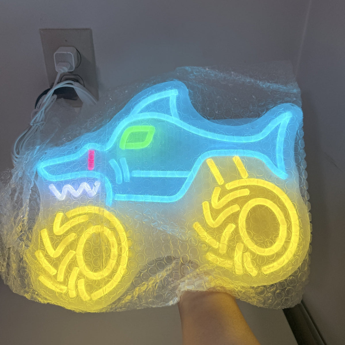 Shark Monster Truck Neon LED Wall Light USB Blue Yellow 13.7in Sign